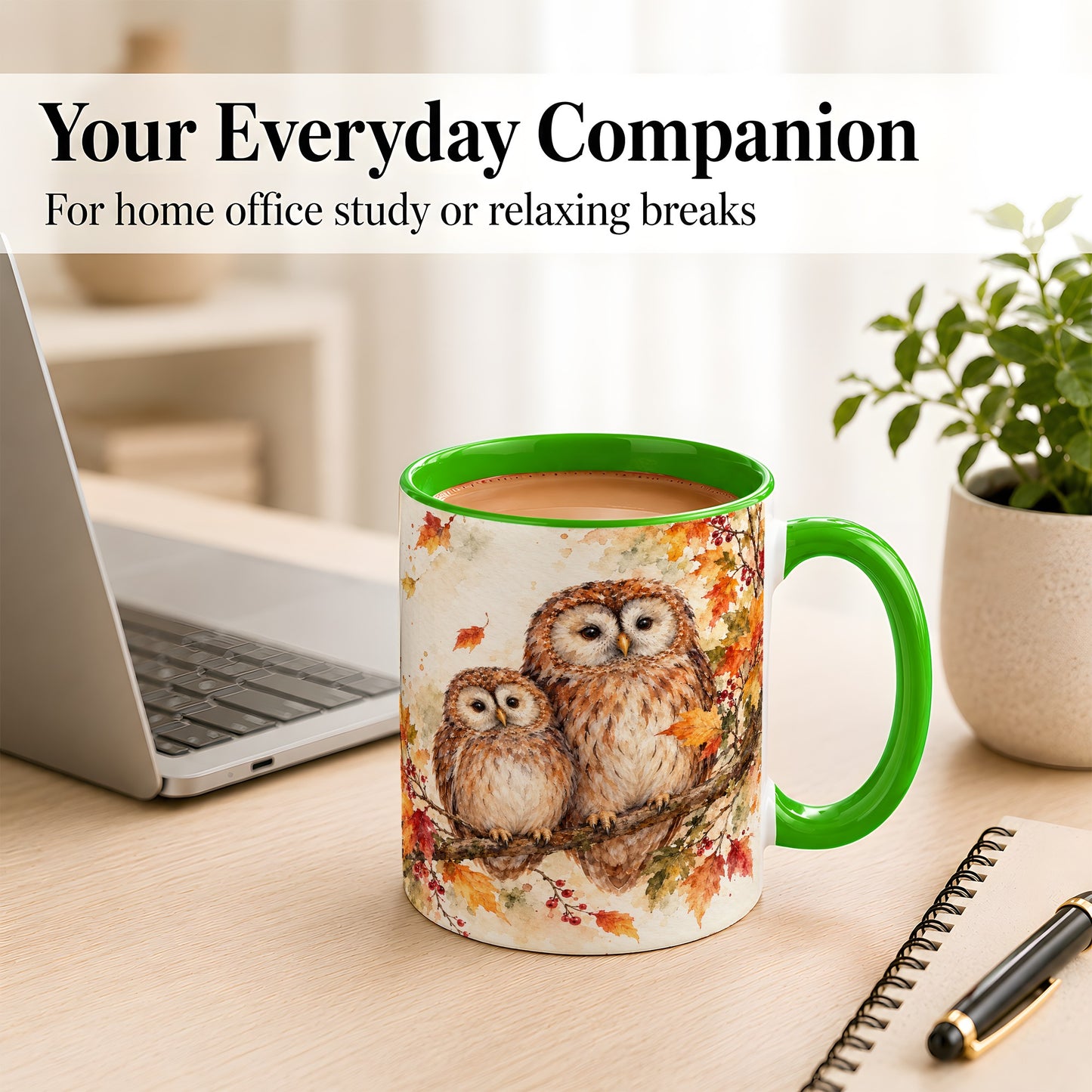 #pl[11oz|Green] Watercolor Owl Coffee Mug, Autumn Owl Mug, Ceramic Cup