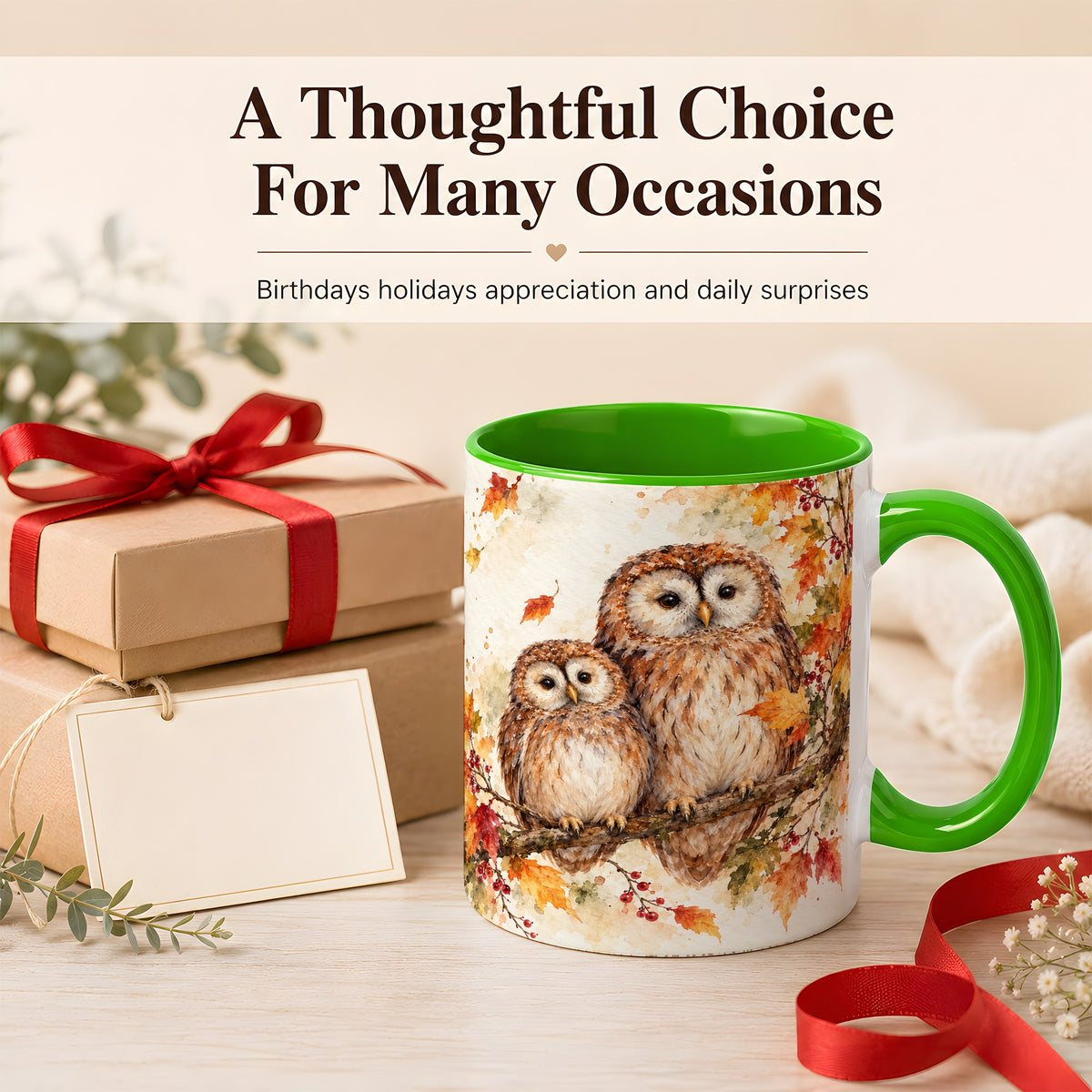 #pl[11oz|Green] Watercolor Owl Coffee Mug, Autumn Owl Mug, Ceramic Cup