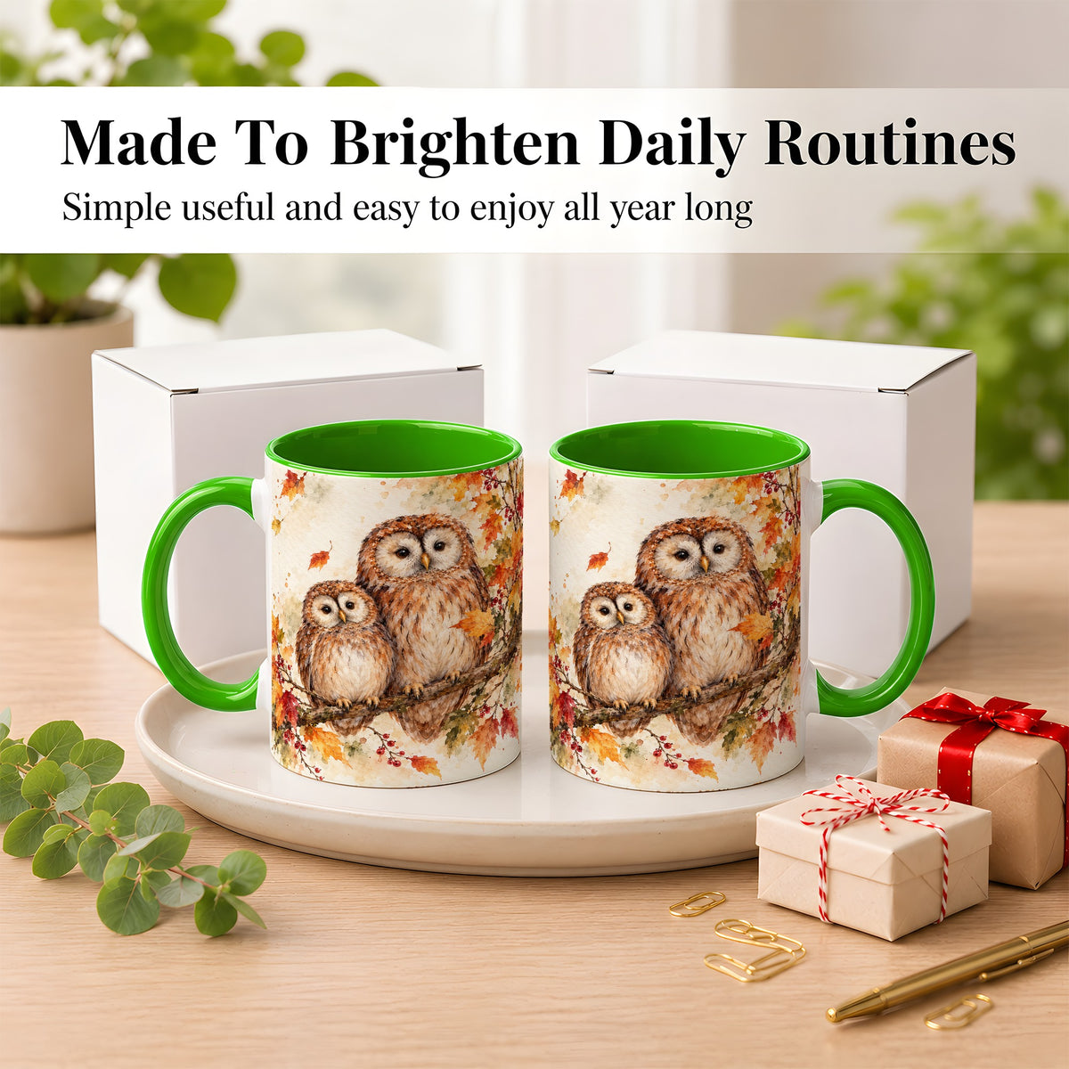 #pl[11oz|Green] Watercolor Owl Coffee Mug, Autumn Owl Mug, Ceramic Cup