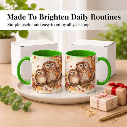 #pl[11oz|Green] Watercolor Owl Coffee Mug, Autumn Owl Mug, Ceramic Cup