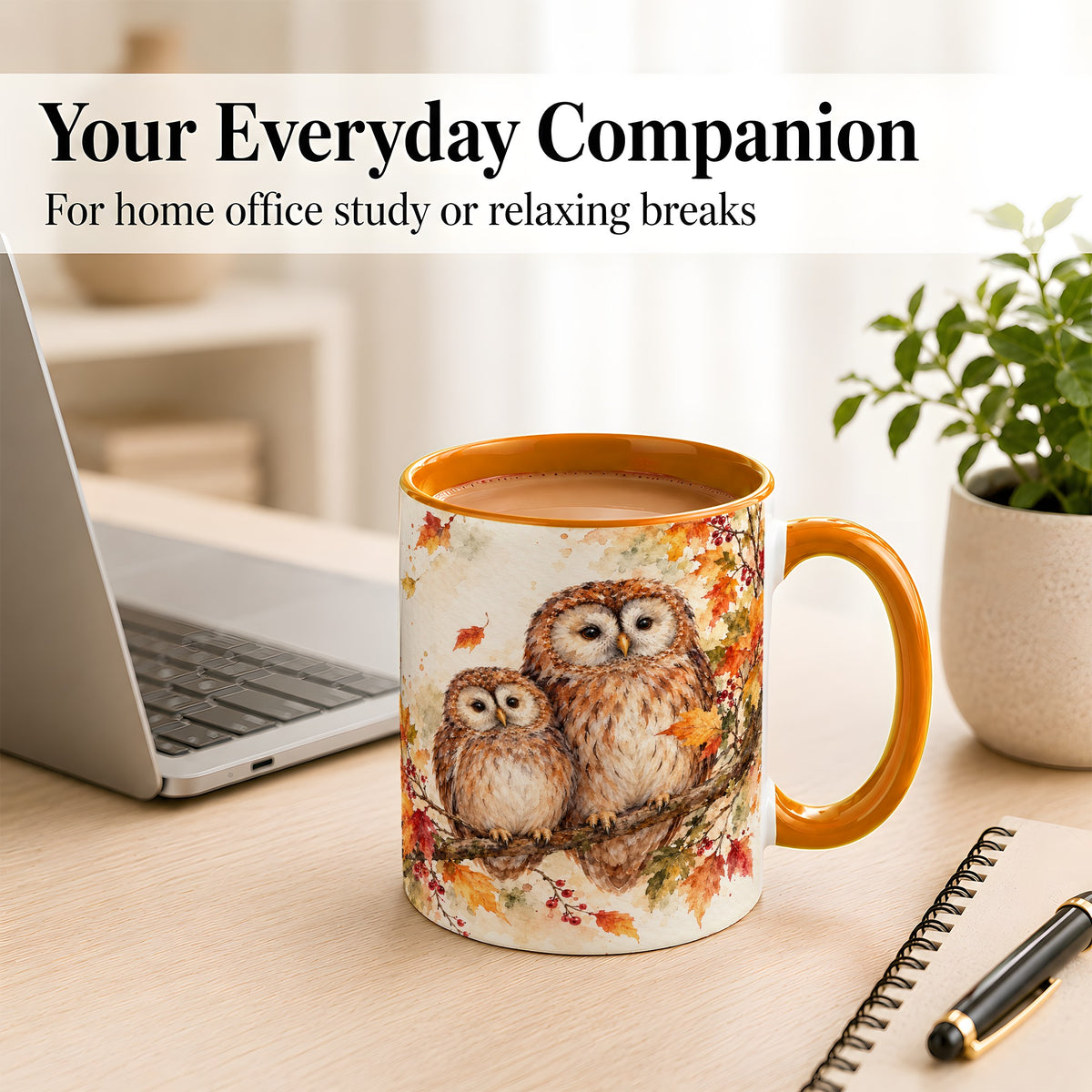 #pl[11oz|Orange] Watercolor Owl Coffee Mug, Autumn Owl Mug, Ceramic Cup
