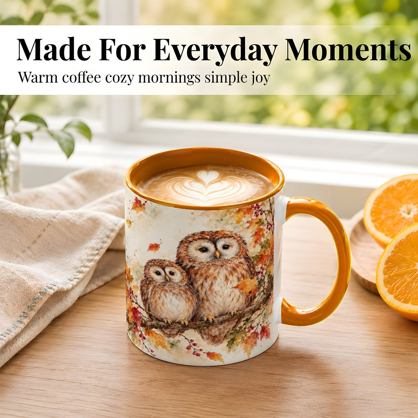 #pl[11oz|Orange] Watercolor Owl Coffee Mug, Autumn Owl Mug, Ceramic Cup
