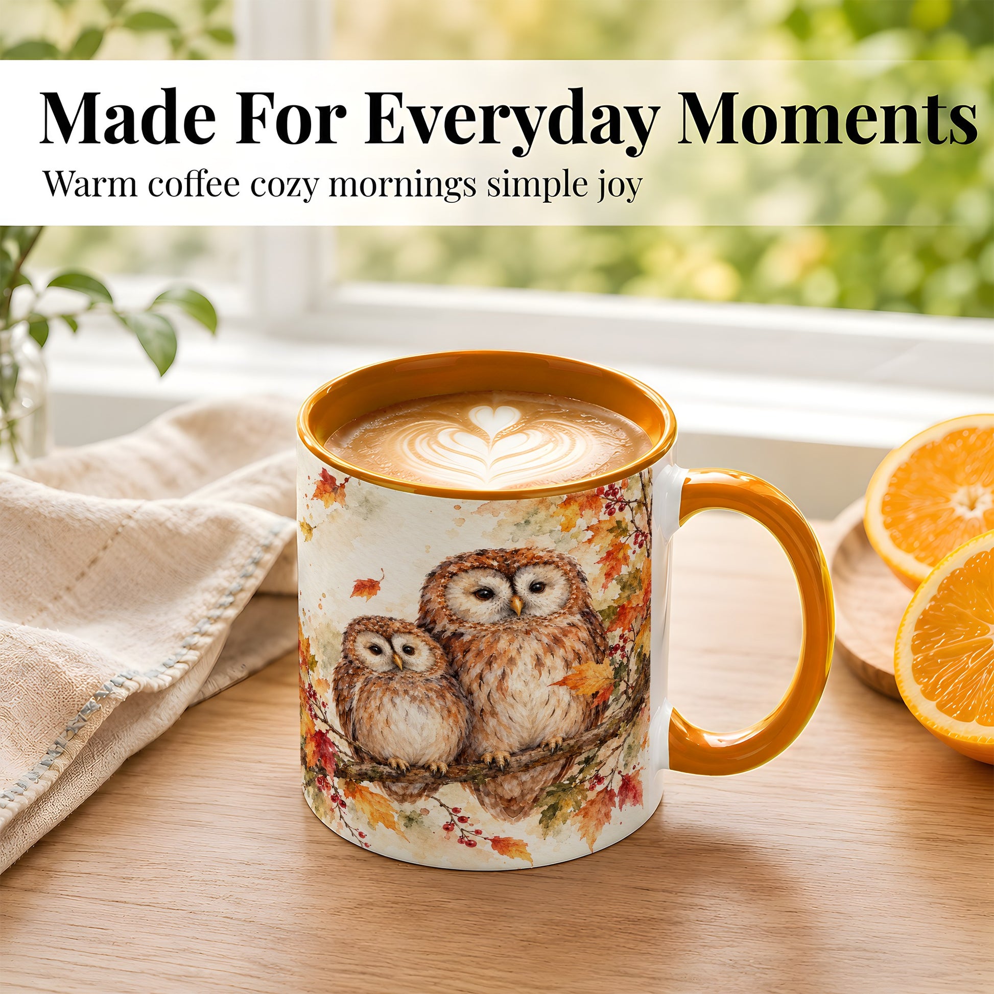 #pl[11oz|Orange] Watercolor Owl Coffee Mug, Autumn Owl Mug, Ceramic Cup