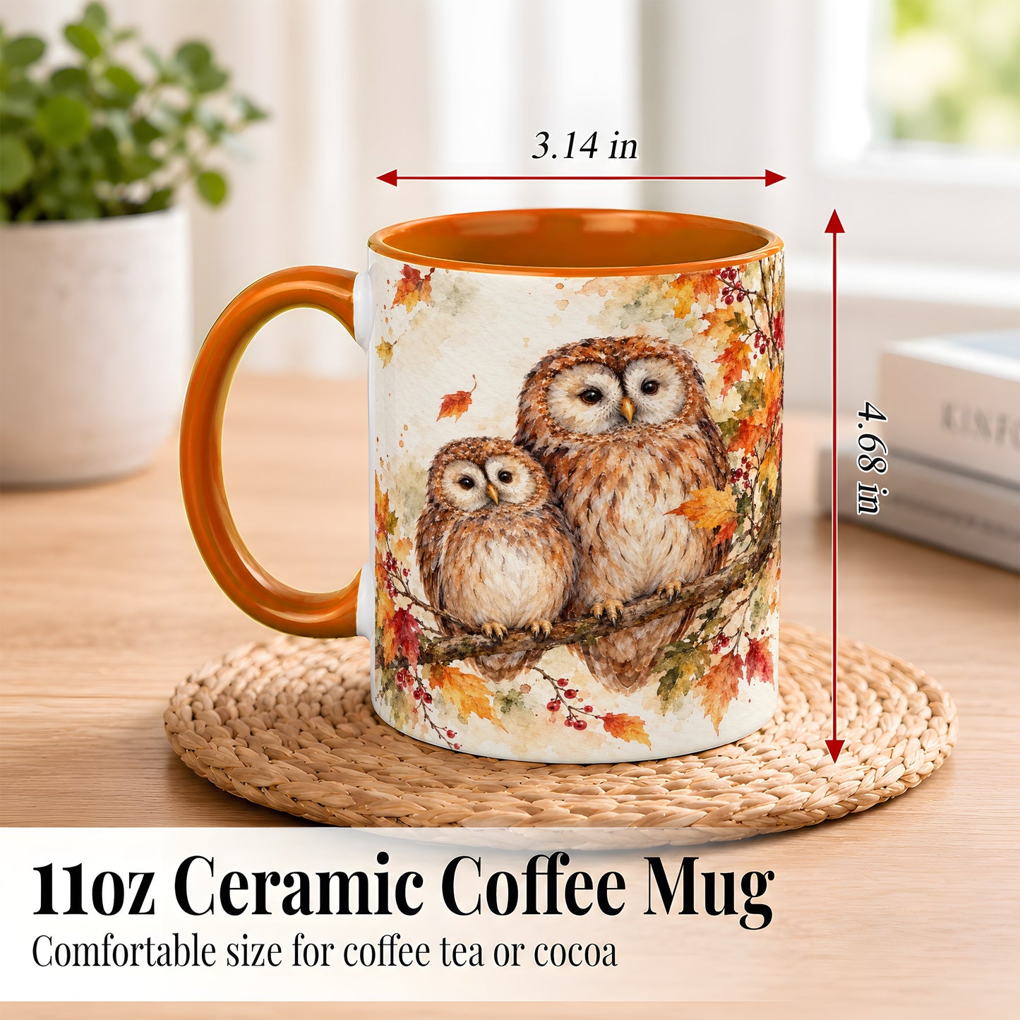 #pl[11oz|Orange] Watercolor Owl Coffee Mug, Autumn Owl Mug, Ceramic Cup