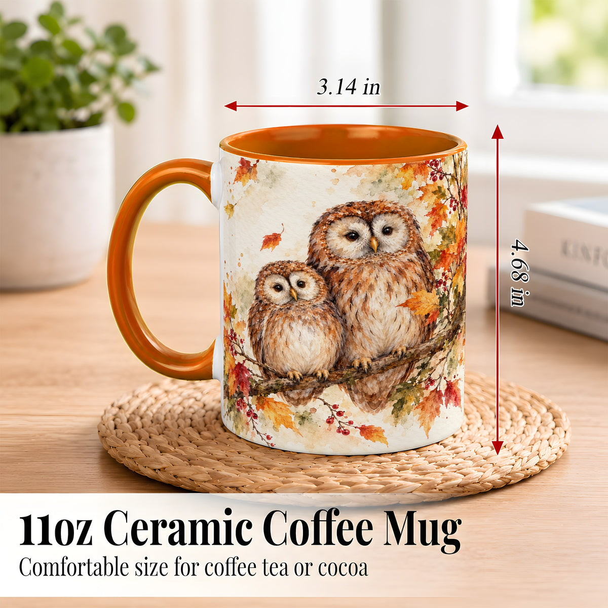 #pl[11oz|Orange] Watercolor Owl Coffee Mug, Autumn Owl Mug, Ceramic Cup