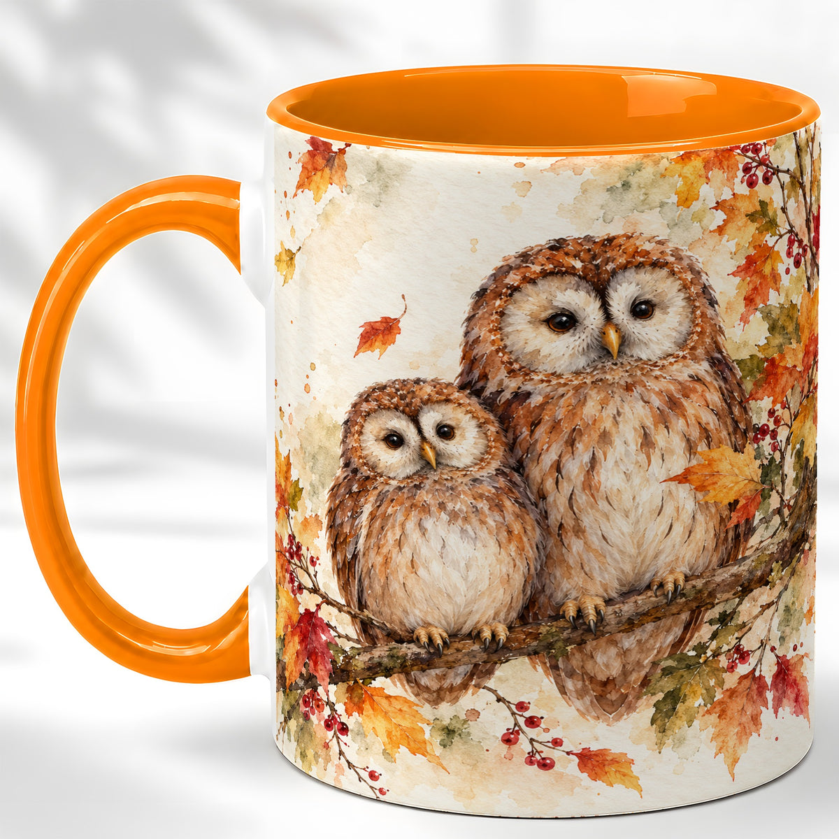 #pl[11oz|Orange] Watercolor Owl Coffee Mug, Autumn Owl Mug, Ceramic Cup