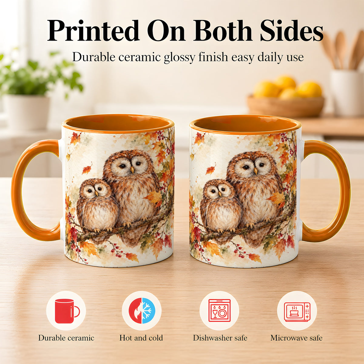 #pl[11oz|Orange] Watercolor Owl Coffee Mug, Autumn Owl Mug, Ceramic Cup
