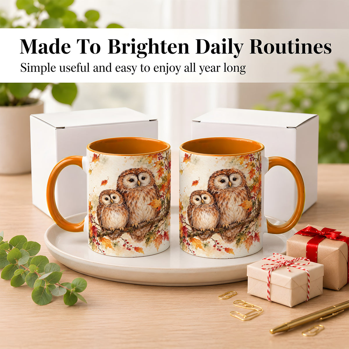 #pl[11oz|Orange] Watercolor Owl Coffee Mug, Autumn Owl Mug, Ceramic Cup