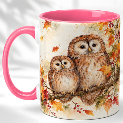 #pl[11oz|Pink] Watercolor Owl Coffee Mug, Autumn Owl Mug, Ceramic Cup