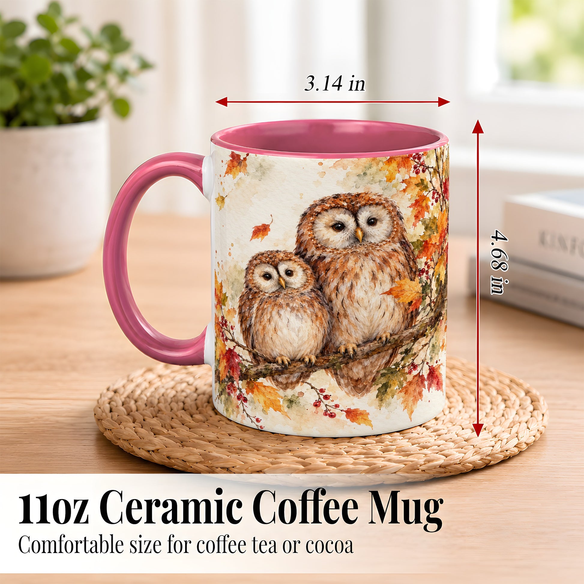 #pl[11oz|Pink] Watercolor Owl Coffee Mug, Autumn Owl Mug, Ceramic Cup