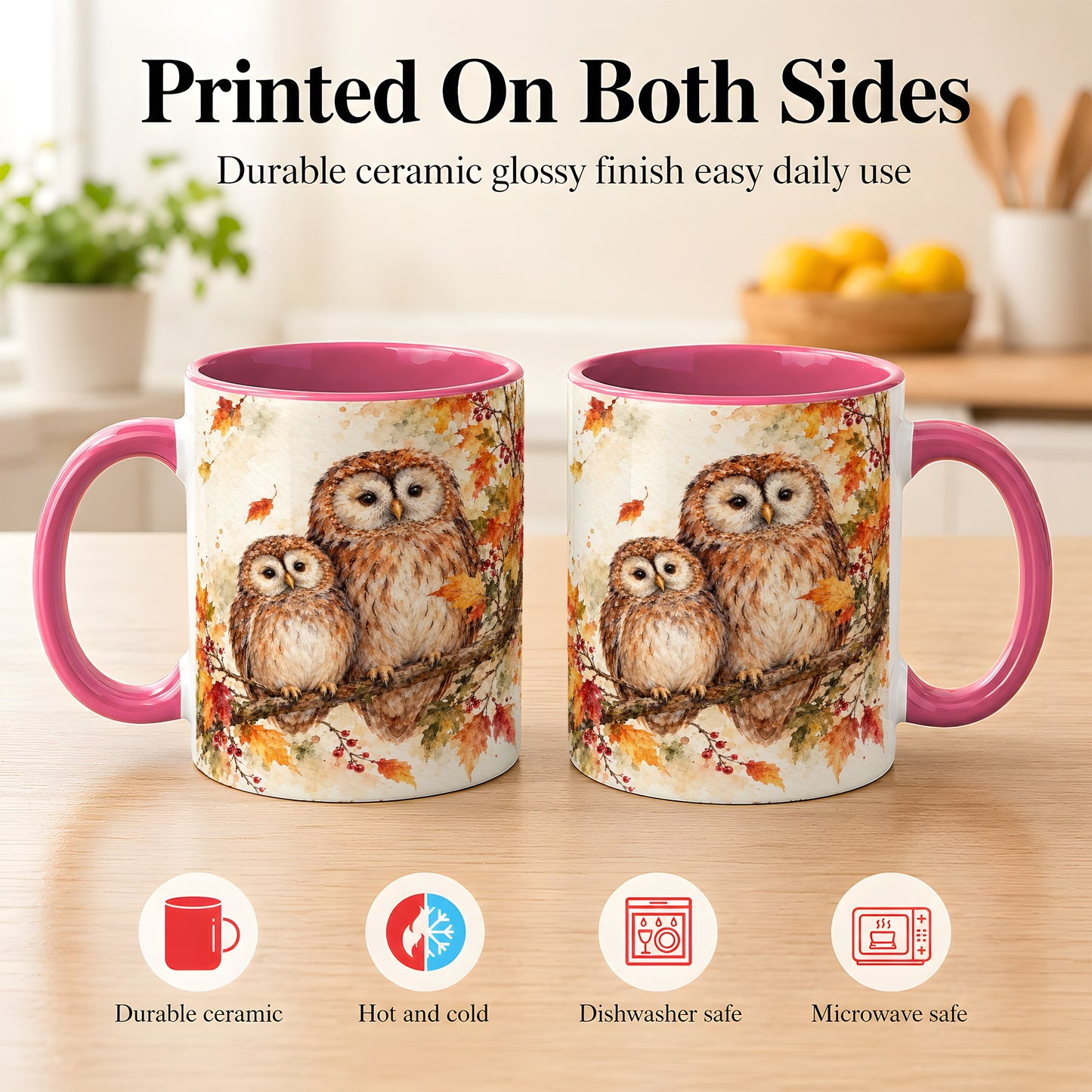 #pl[11oz|Pink] Watercolor Owl Coffee Mug, Autumn Owl Mug, Ceramic Cup