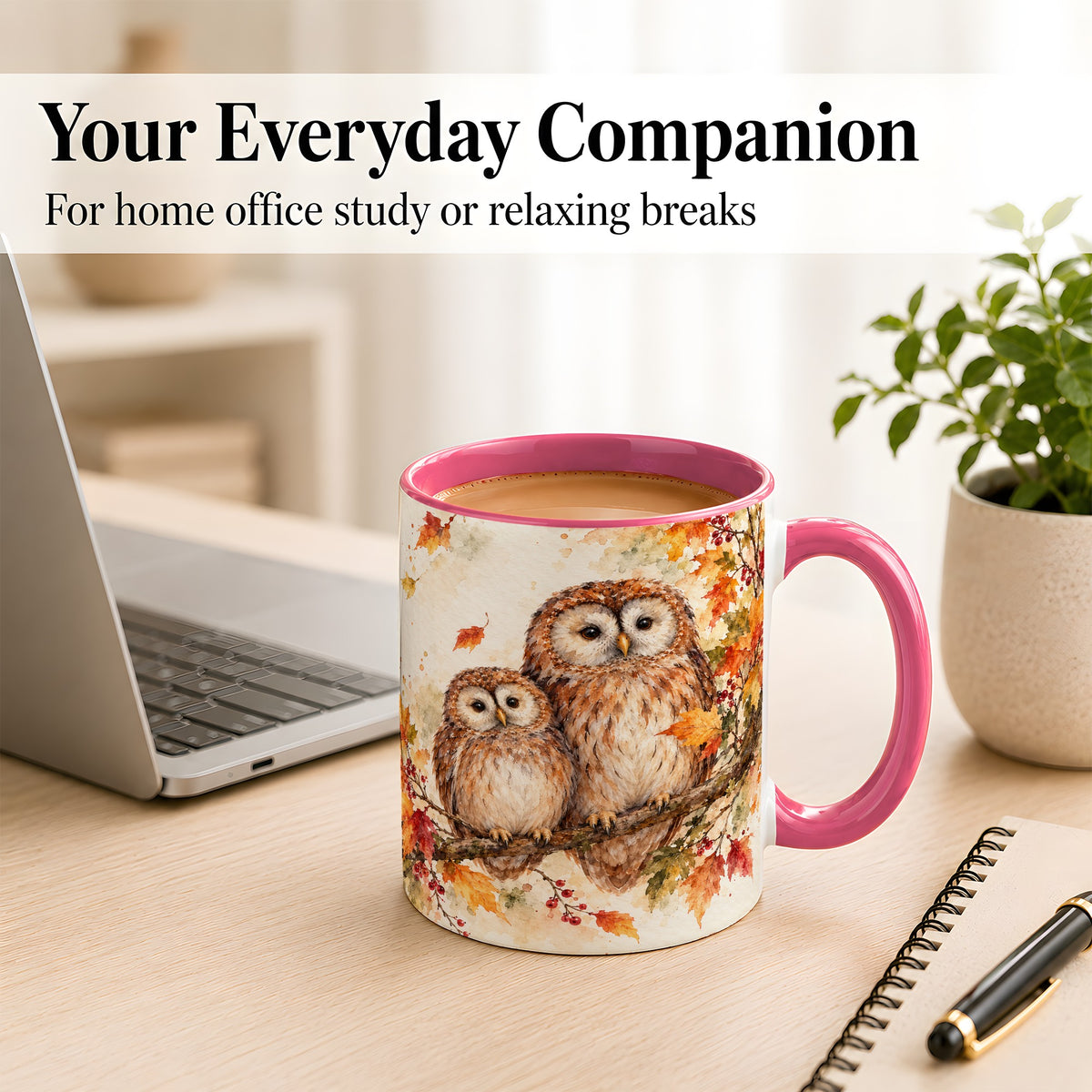 #pl[11oz|Pink] Watercolor Owl Coffee Mug, Autumn Owl Mug, Ceramic Cup