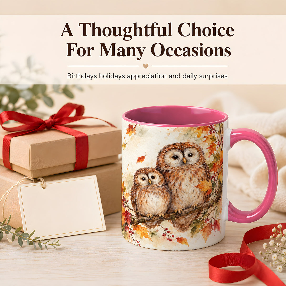 #pl[11oz|Pink] Watercolor Owl Coffee Mug, Autumn Owl Mug, Ceramic Cup