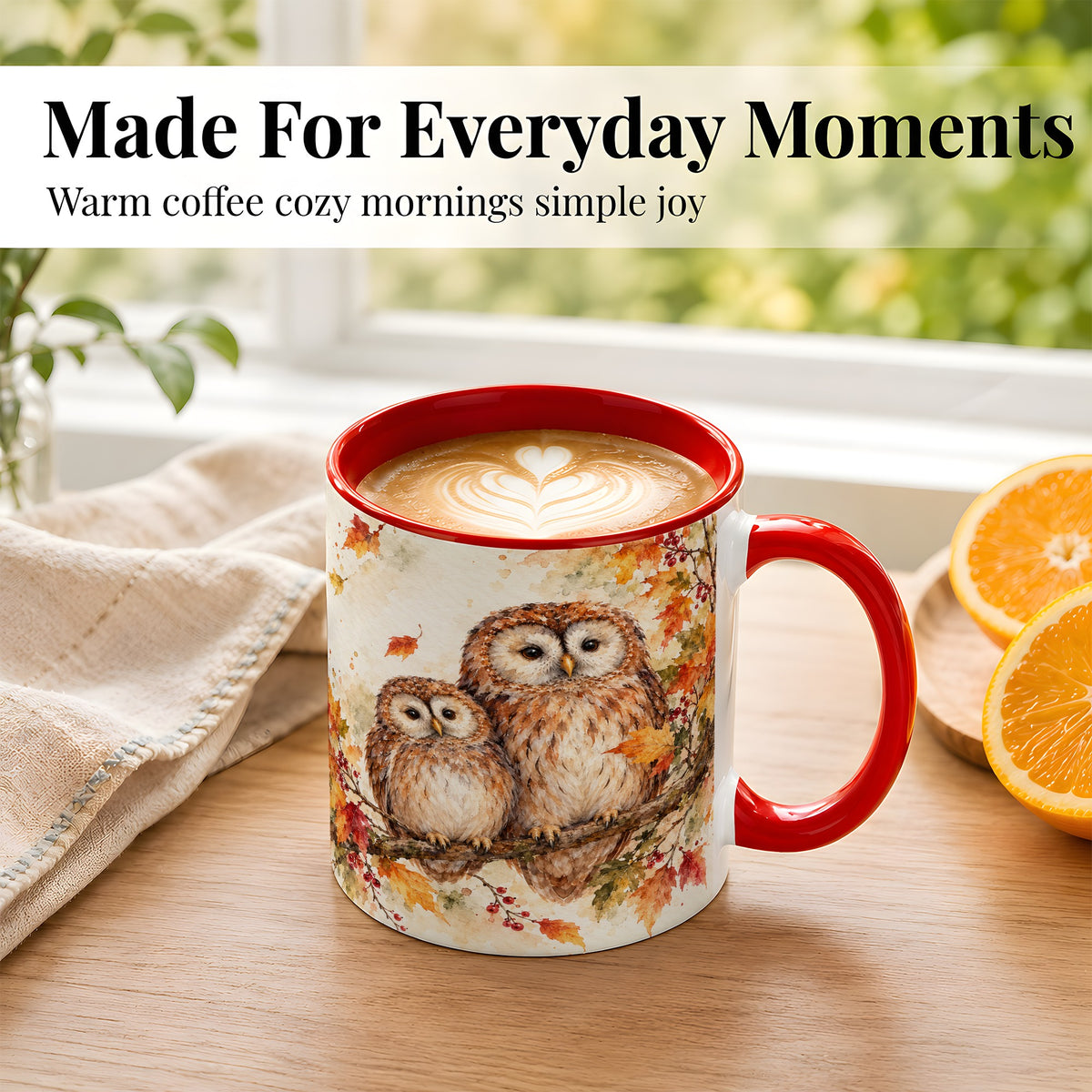 #pl[11oz|Red] Watercolor Owl Coffee Mug, Autumn Owl Mug, Ceramic Cup