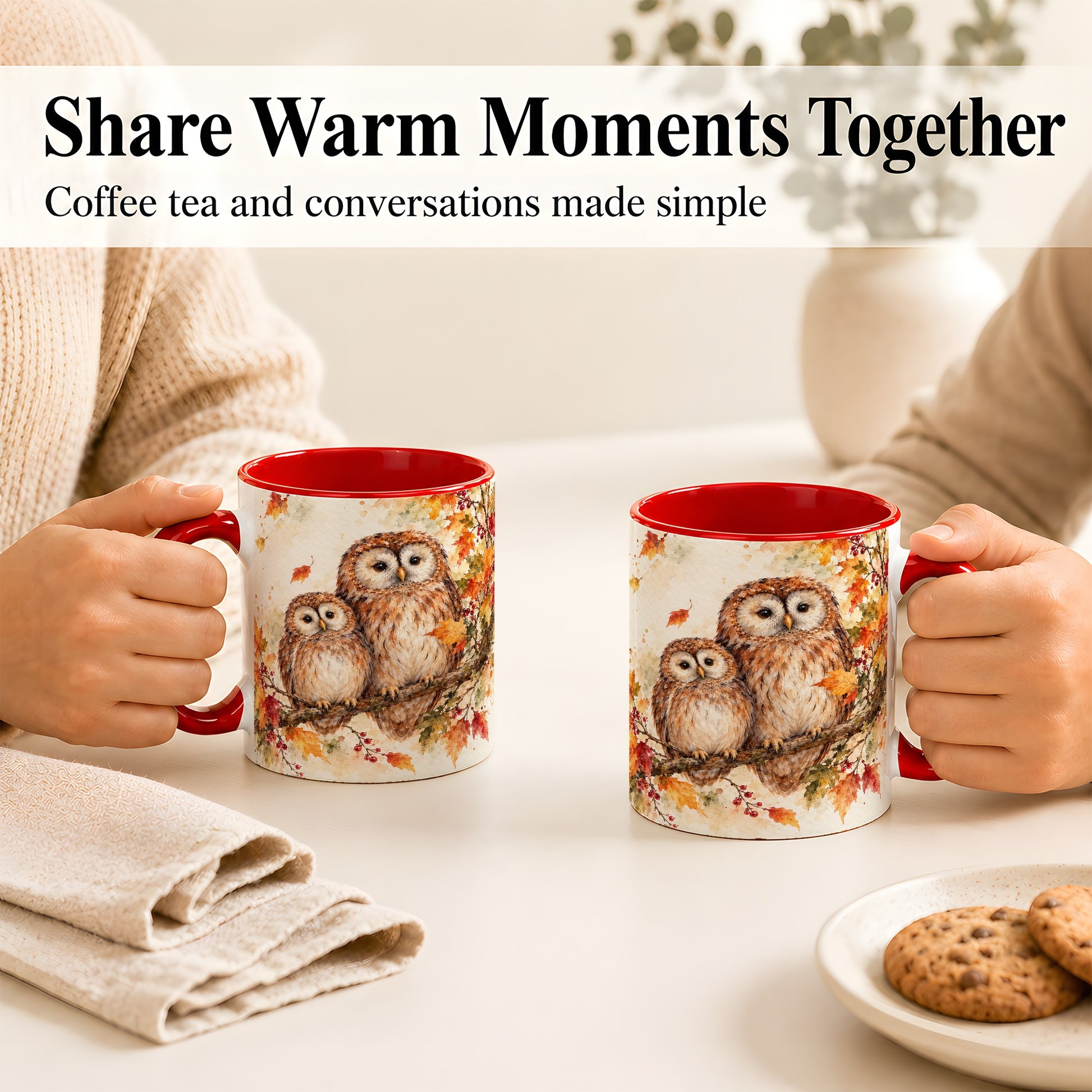 #pl[11oz|Red] Watercolor Owl Coffee Mug, Autumn Owl Mug, Ceramic Cup