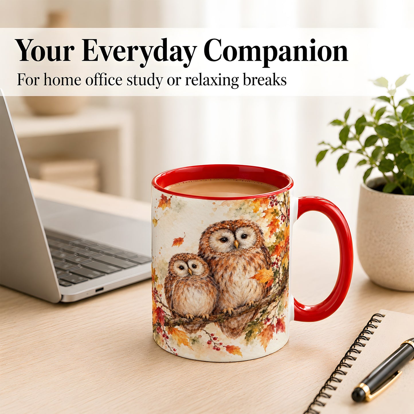 #pl[11oz|Red] Watercolor Owl Coffee Mug, Autumn Owl Mug, Ceramic Cup