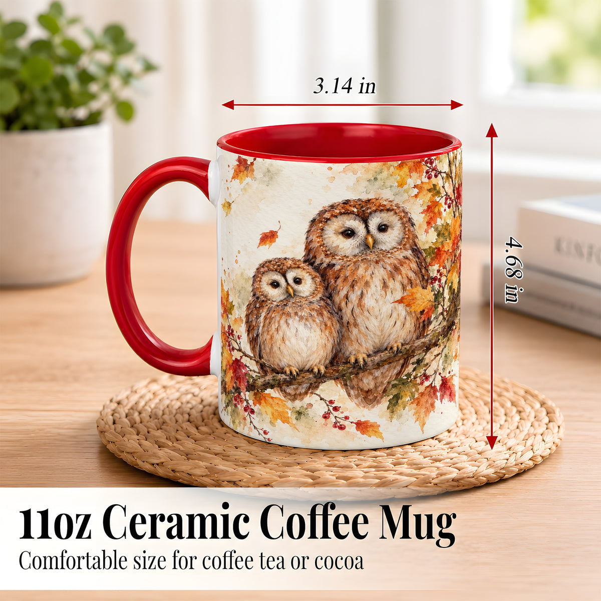 #pl[11oz|Red] Watercolor Owl Coffee Mug, Autumn Owl Mug, Ceramic Cup