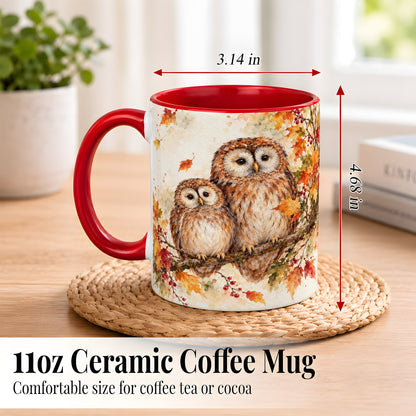 #pl[11oz|Red] Watercolor Owl Coffee Mug, Autumn Owl Mug, Ceramic Cup