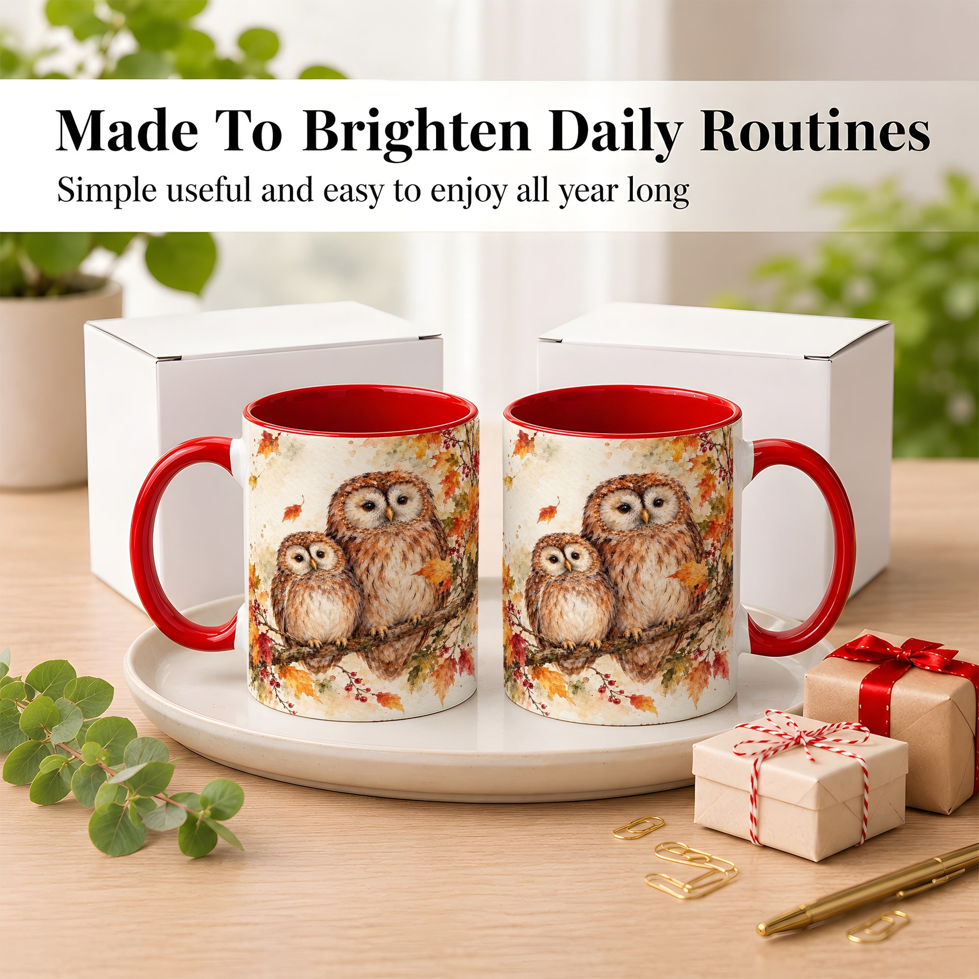 #pl[11oz|Red] Watercolor Owl Coffee Mug, Autumn Owl Mug, Ceramic Cup