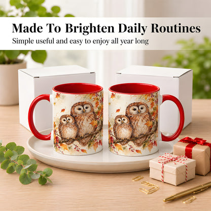 #pl[11oz|Red] Watercolor Owl Coffee Mug, Autumn Owl Mug, Ceramic Cup