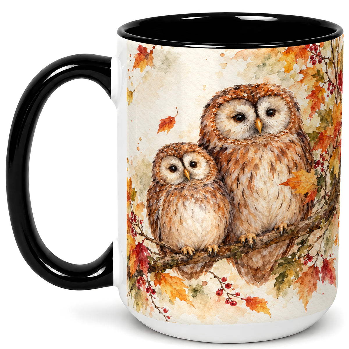#pl[15oz|Black] Watercolor Owl Coffee Mug, Autumn Owl Mug, Ceramic Cup