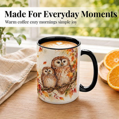 #pl[15oz|Black] Watercolor Owl Coffee Mug, Autumn Owl Mug, Ceramic Cup