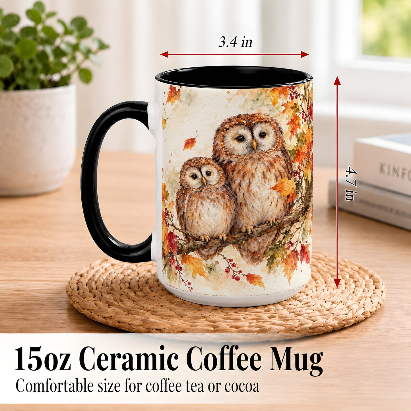 #pl[15oz|Black] Watercolor Owl Coffee Mug, Autumn Owl Mug, Ceramic Cup