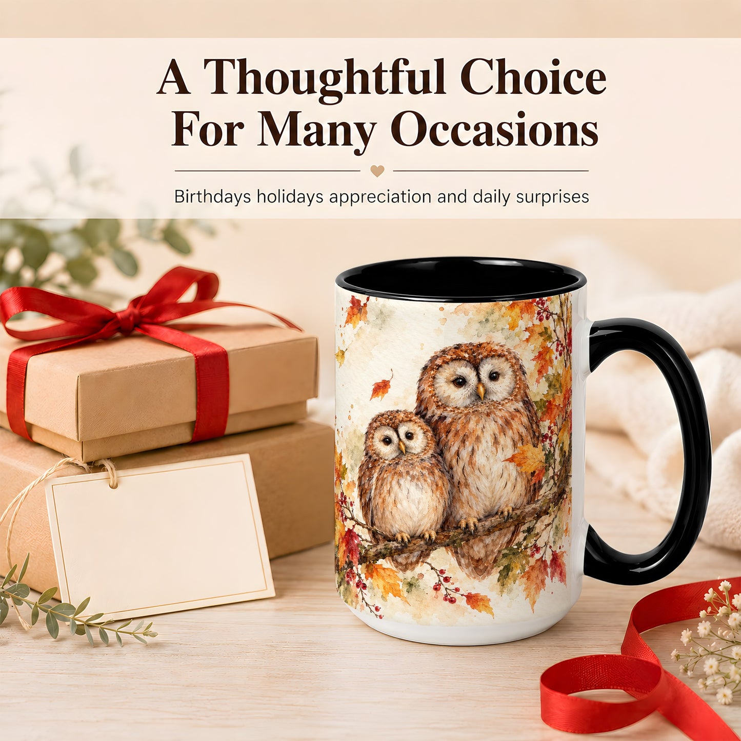 #pl[15oz|Black] Watercolor Owl Coffee Mug, Autumn Owl Mug, Ceramic Cup