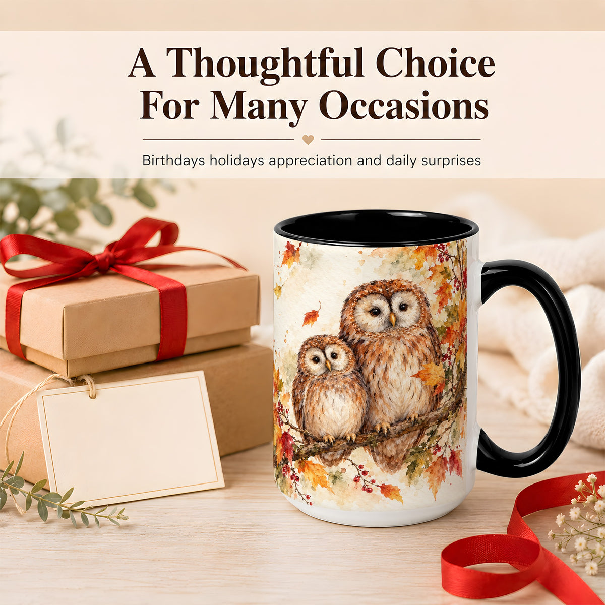#pl[15oz|Black] Watercolor Owl Coffee Mug, Autumn Owl Mug, Ceramic Cup