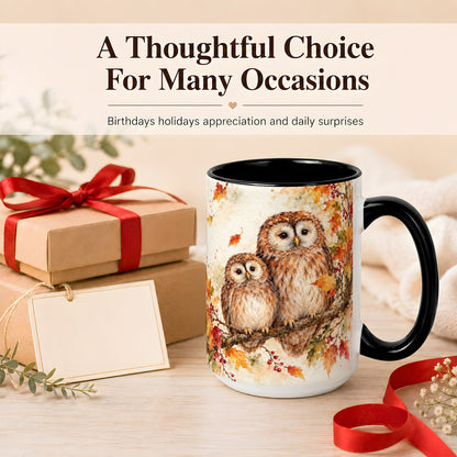 #pl[15oz|Black] Watercolor Owl Coffee Mug, Autumn Owl Mug, Ceramic Cup
