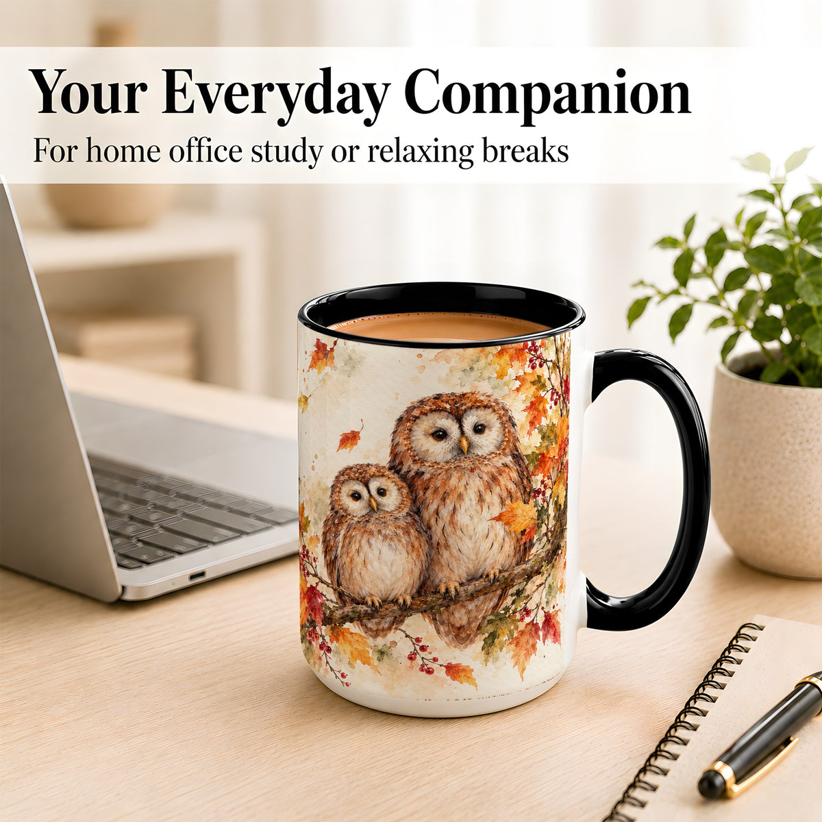 #pl[15oz|Black] Watercolor Owl Coffee Mug, Autumn Owl Mug, Ceramic Cup