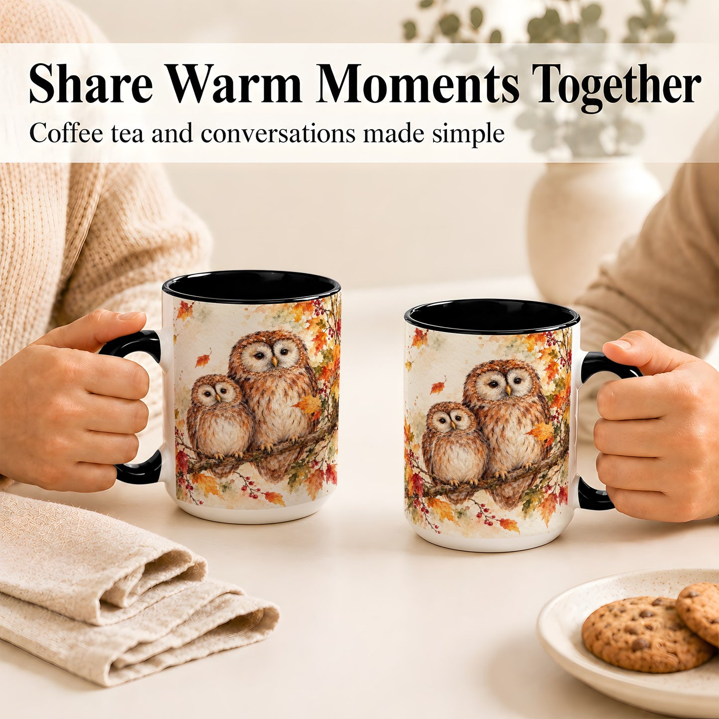 #pl[15oz|Black] Watercolor Owl Coffee Mug, Autumn Owl Mug, Ceramic Cup