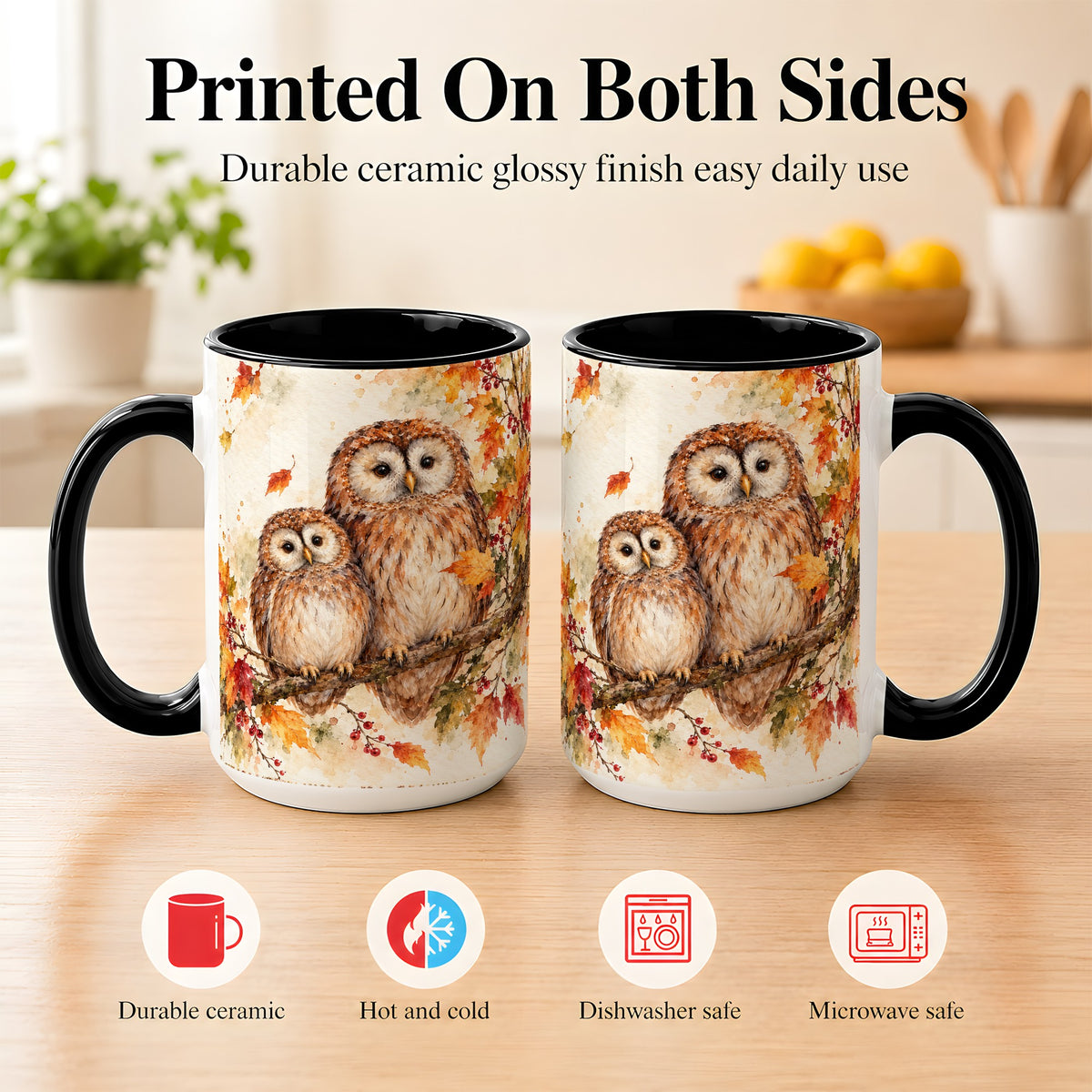 #pl[15oz|Black] Watercolor Owl Coffee Mug, Autumn Owl Mug, Ceramic Cup