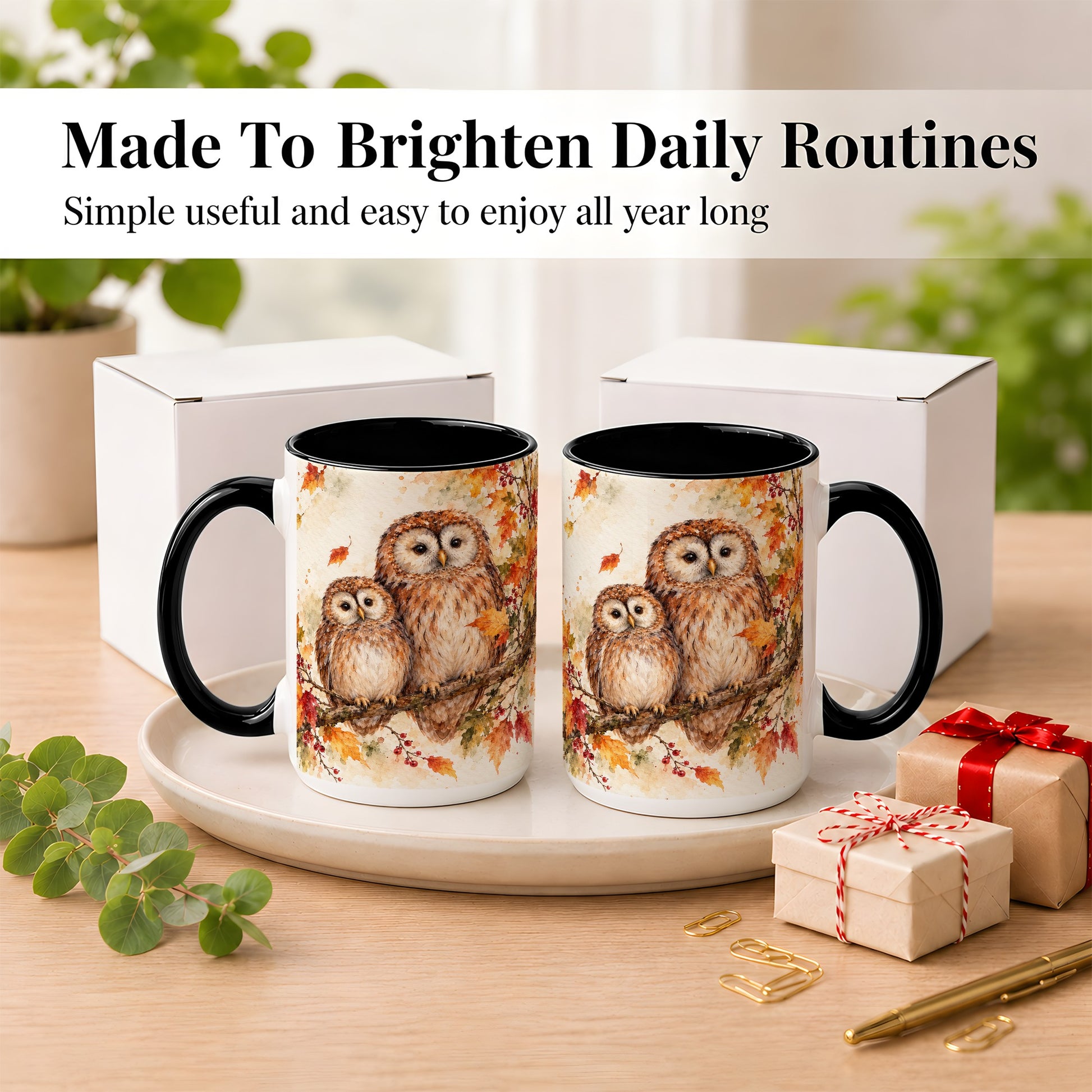 #pl[15oz|Black] Watercolor Owl Coffee Mug, Autumn Owl Mug, Ceramic Cup