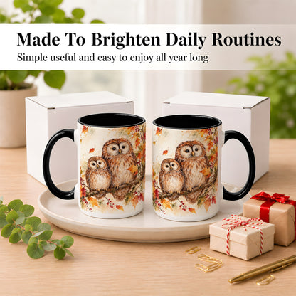 #pl[15oz|Black] Watercolor Owl Coffee Mug, Autumn Owl Mug, Ceramic Cup