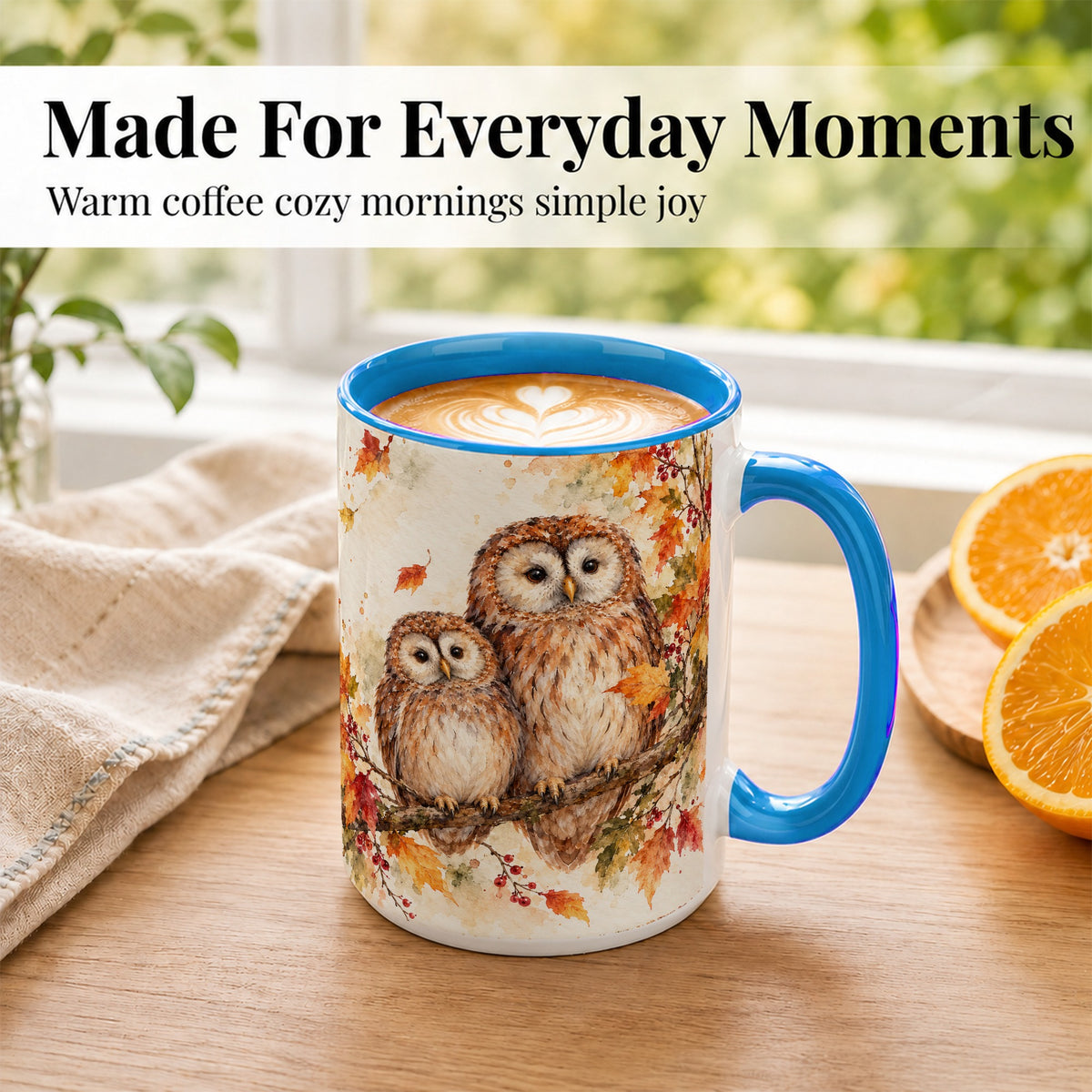 #pl[15oz|Blue] Watercolor Owl Coffee Mug, Autumn Owl Mug, Ceramic Cup