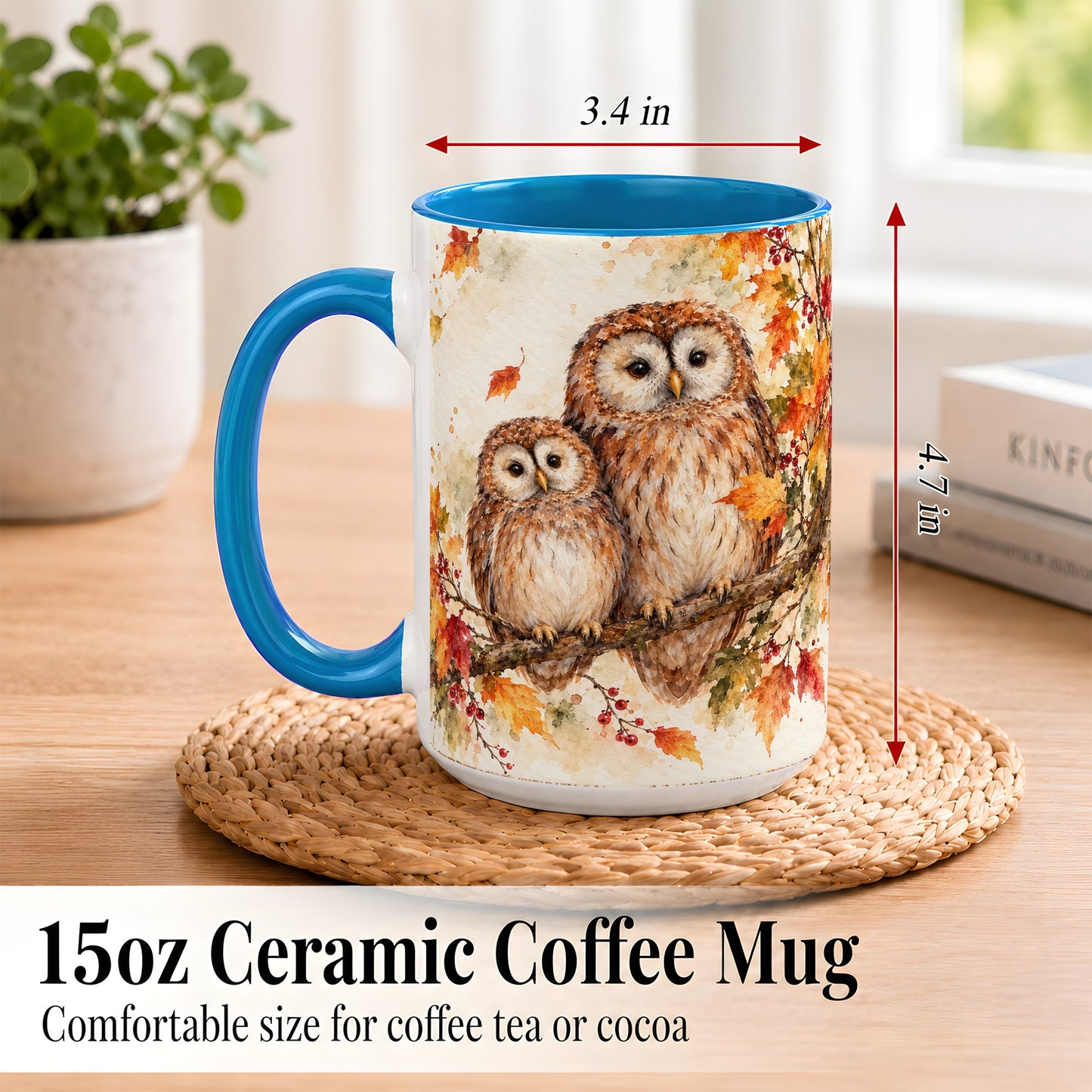#pl[15oz|Blue] Watercolor Owl Coffee Mug, Autumn Owl Mug, Ceramic Cup