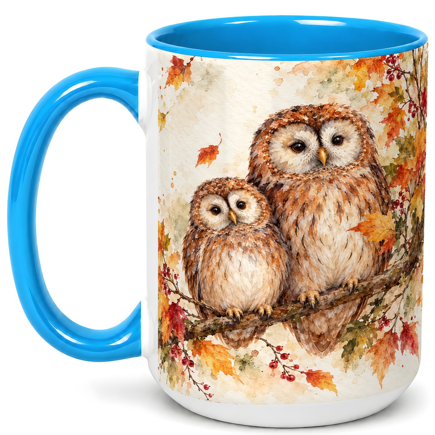 #pl[15oz|Blue] Watercolor Owl Coffee Mug, Autumn Owl Mug, Ceramic Cup