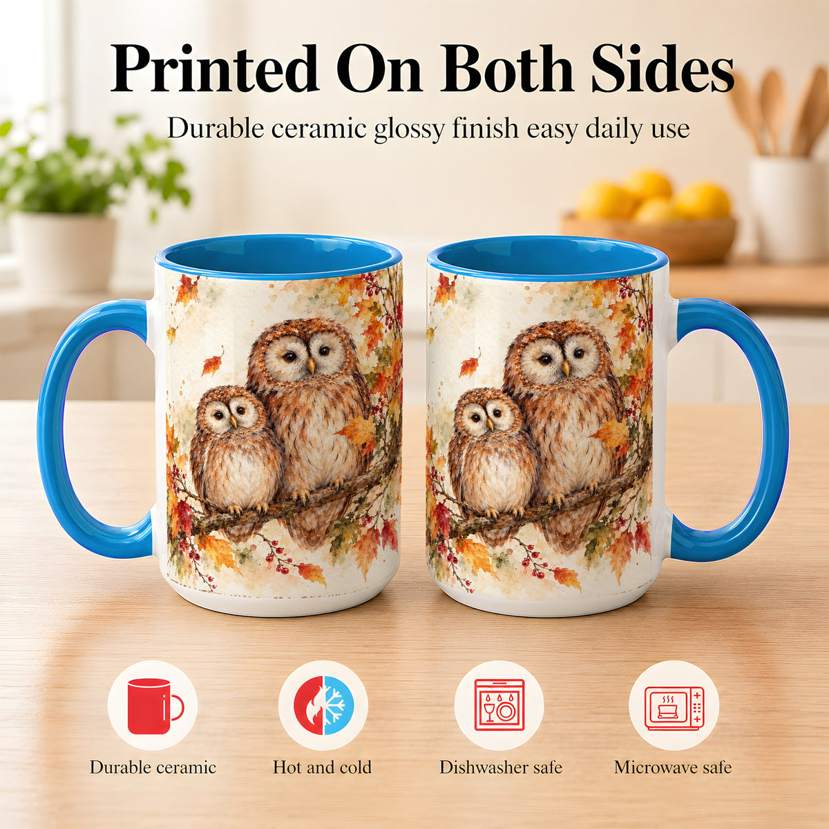 #pl[15oz|Blue] Watercolor Owl Coffee Mug, Autumn Owl Mug, Ceramic Cup