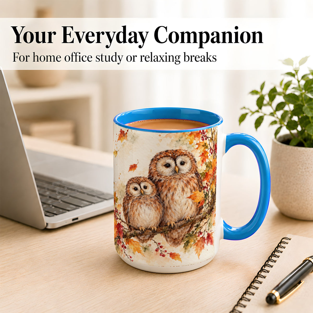 #pl[15oz|Blue] Watercolor Owl Coffee Mug, Autumn Owl Mug, Ceramic Cup