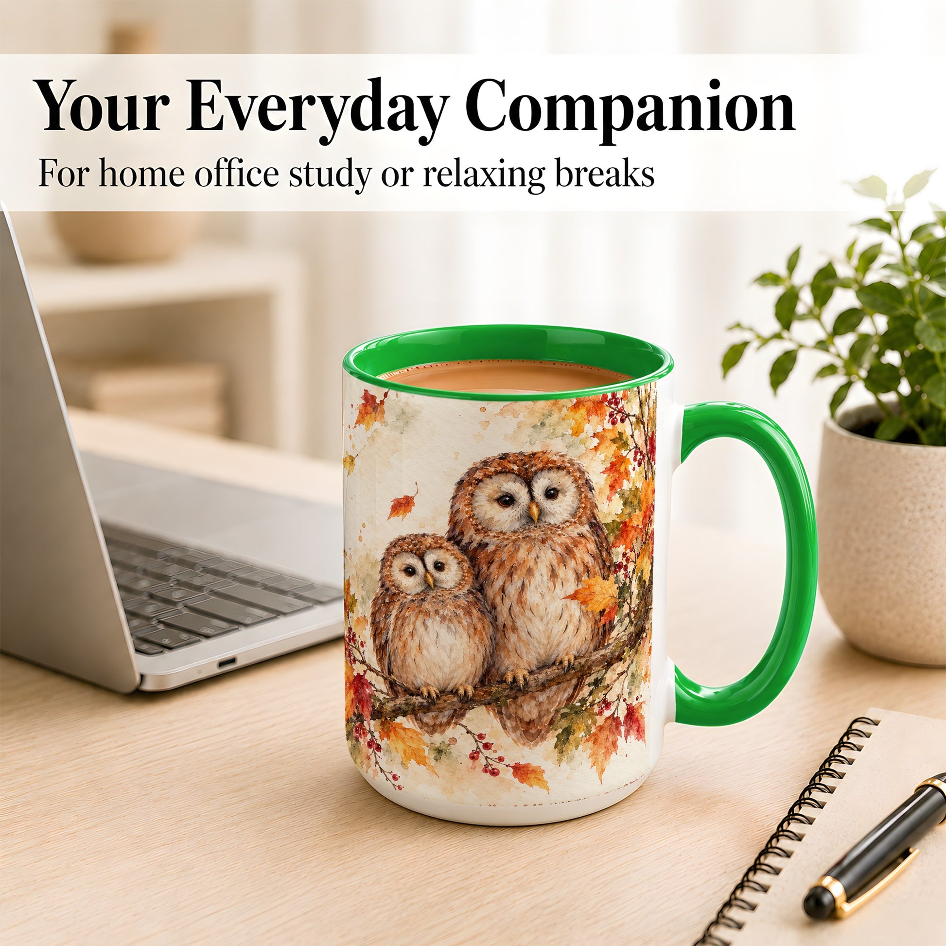 #pl[15oz|Green] Watercolor Owl Coffee Mug, Autumn Owl Mug, Ceramic Cup