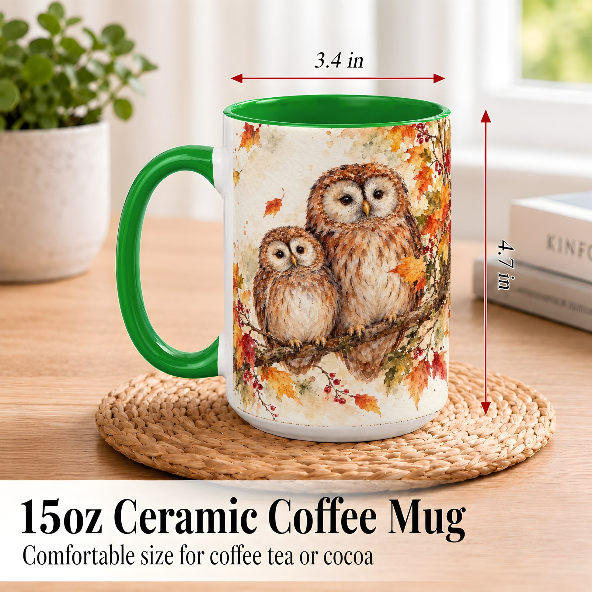 #pl[15oz|Green] Watercolor Owl Coffee Mug, Autumn Owl Mug, Ceramic Cup