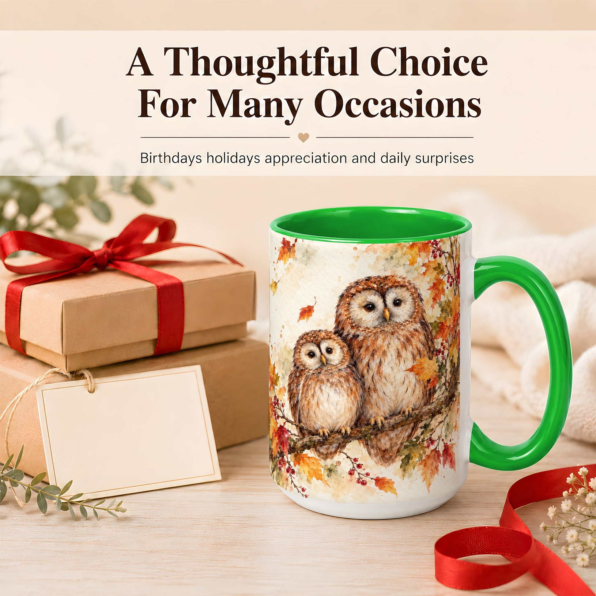 #pl[15oz|Green] Watercolor Owl Coffee Mug, Autumn Owl Mug, Ceramic Cup