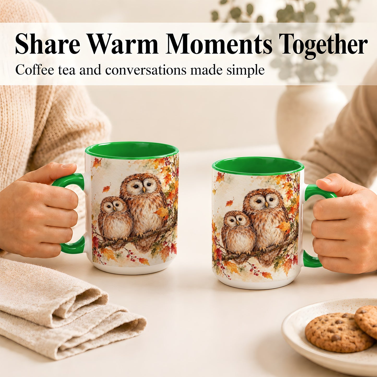 #pl[15oz|Green] Watercolor Owl Coffee Mug, Autumn Owl Mug, Ceramic Cup