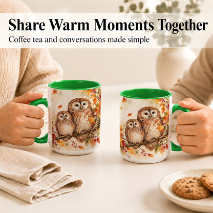 #pl[15oz|Green] Watercolor Owl Coffee Mug, Autumn Owl Mug, Ceramic Cup