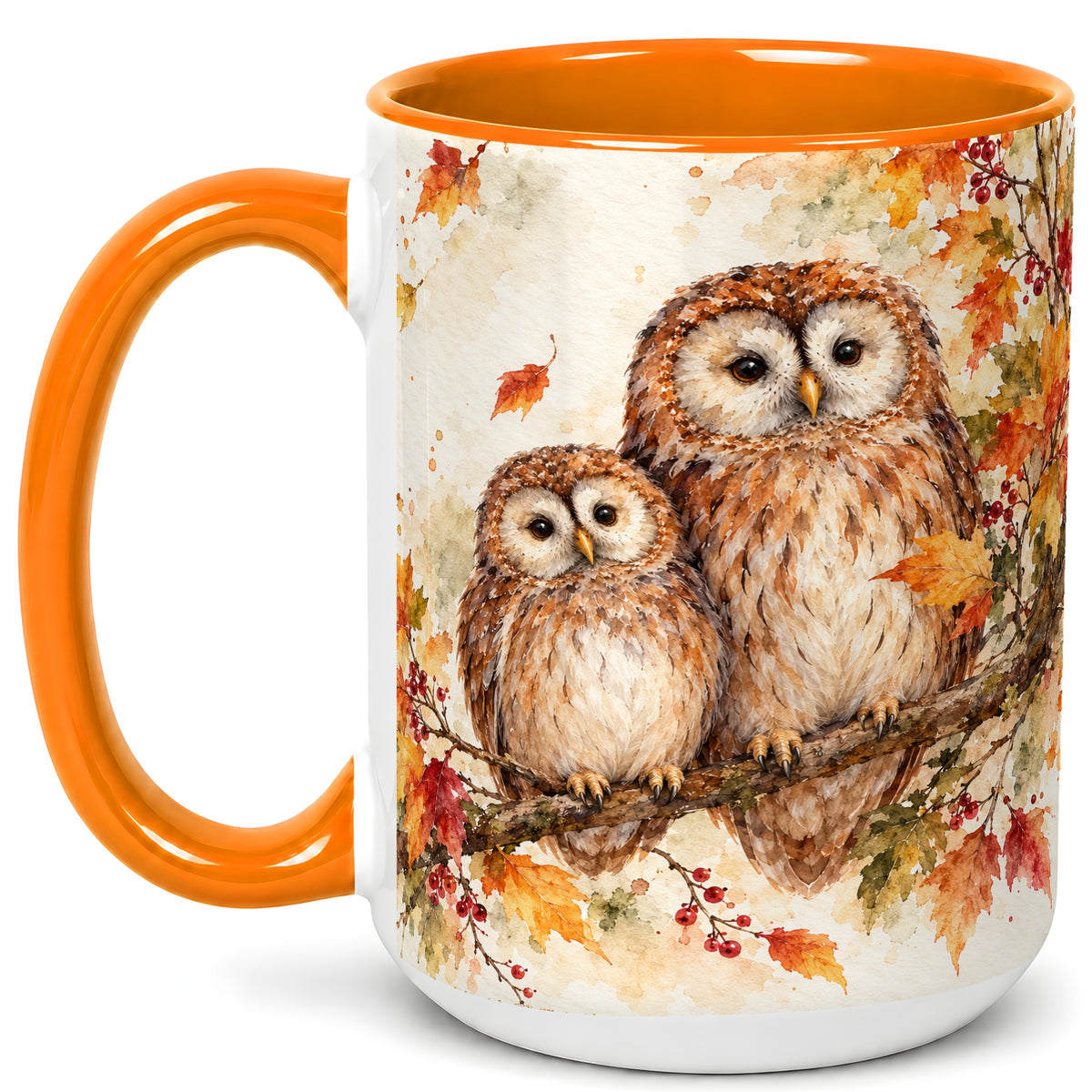 #pl[15oz|Orange] Watercolor Owl Coffee Mug, Autumn Owl Mug, Ceramic Cup