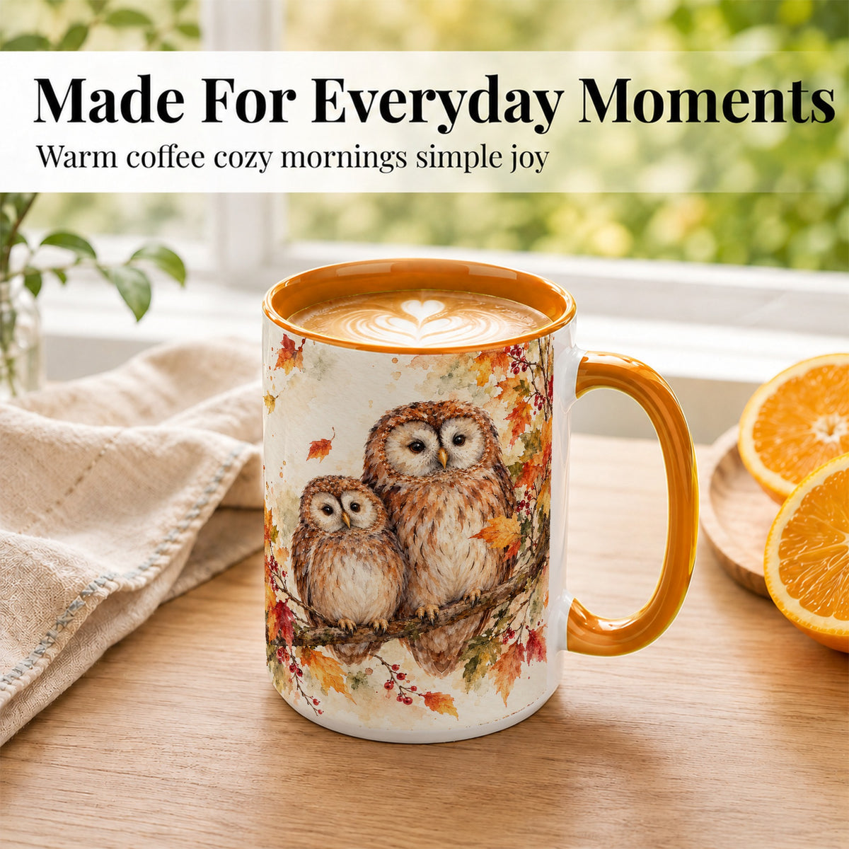 #pl[15oz|Orange] Watercolor Owl Coffee Mug, Autumn Owl Mug, Ceramic Cup