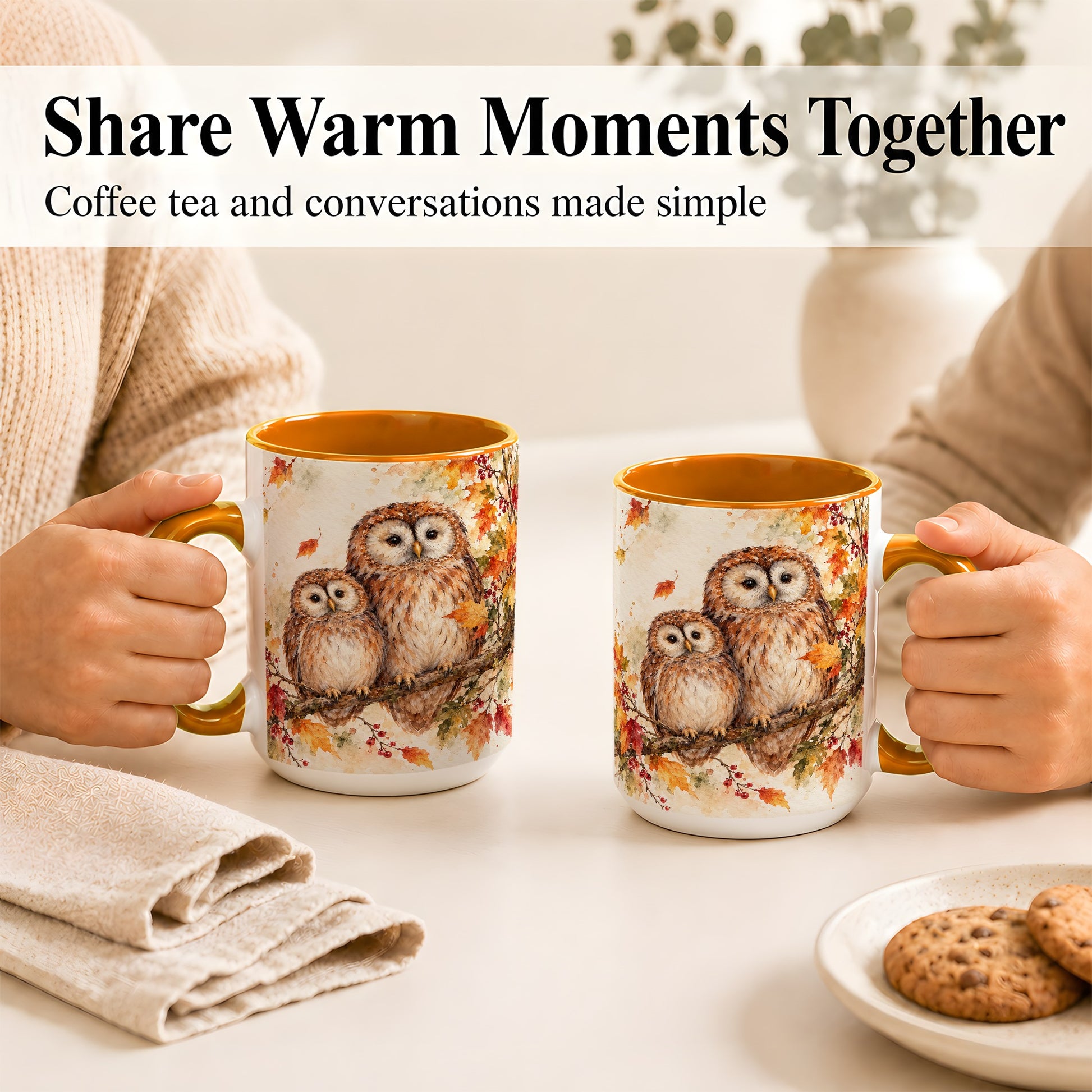 #pl[15oz|Orange] Watercolor Owl Coffee Mug, Autumn Owl Mug, Ceramic Cup