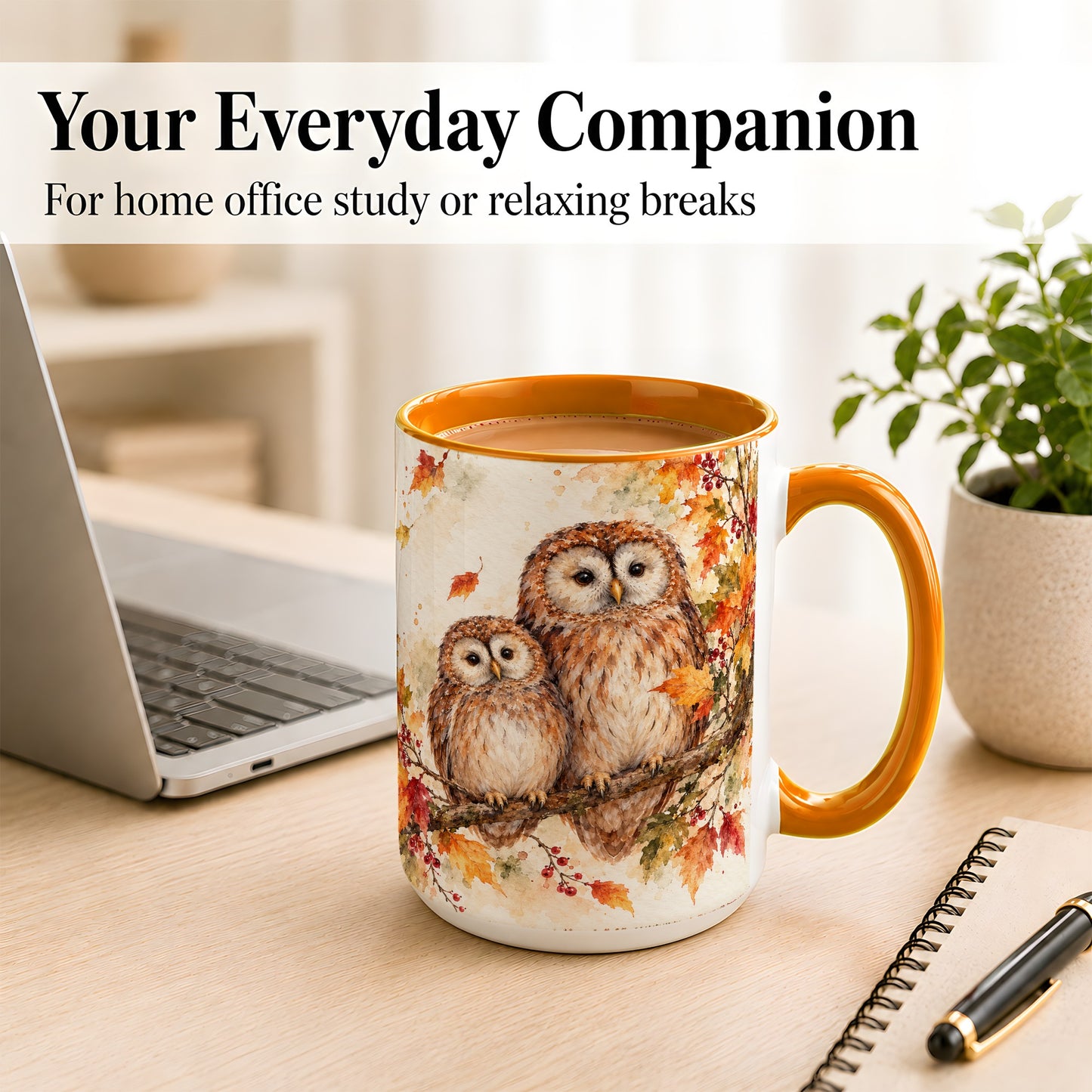#pl[15oz|Orange] Watercolor Owl Coffee Mug, Autumn Owl Mug, Ceramic Cup