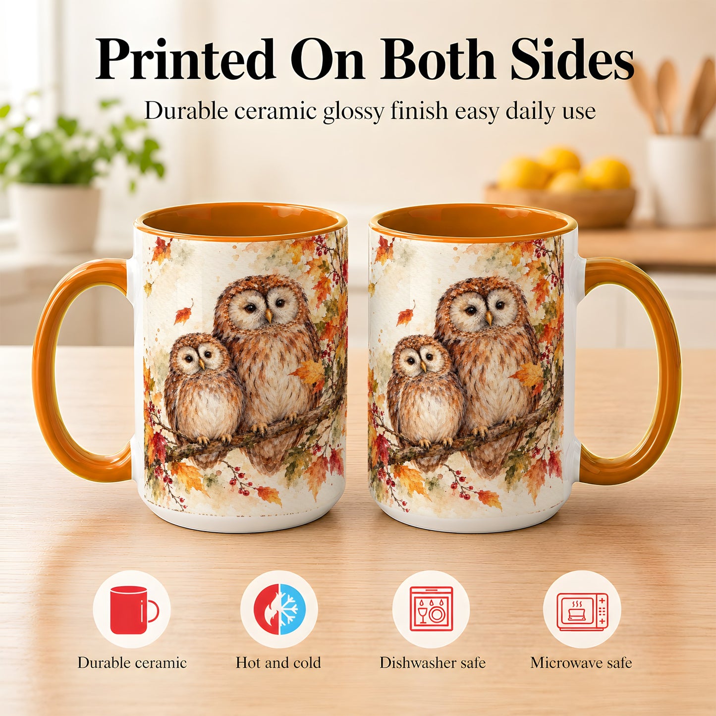 #pl[15oz|Orange] Watercolor Owl Coffee Mug, Autumn Owl Mug, Ceramic Cup